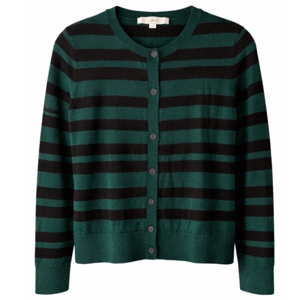 LOFT Womens Striped Crewneck Cardigan Sweater Green Black Button Front Large - Picture 1 of 5